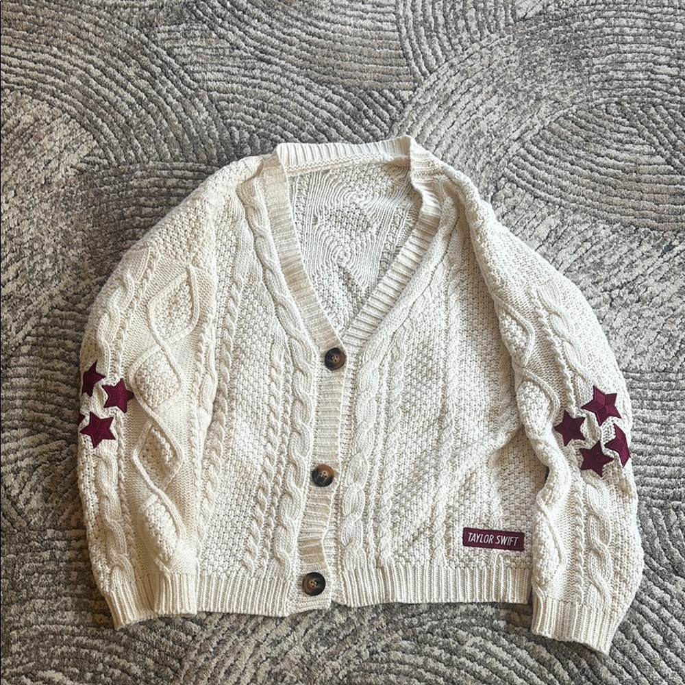 Taylor Swift Cream Knit Cardigan with Star Patches- red album size md/l